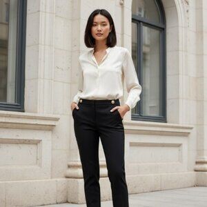 Ann Taylor Navy Gold Button Dress Pants Women’s 8 Work Slim Trousers